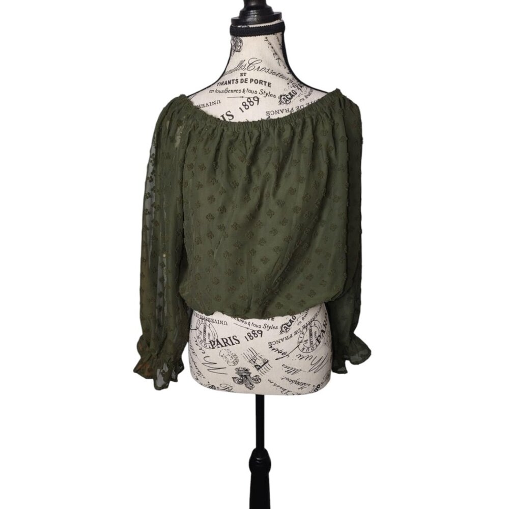 She + Sky Women M Olive Green Off-Shoulder Textured Cropped Dark Cottagecore top